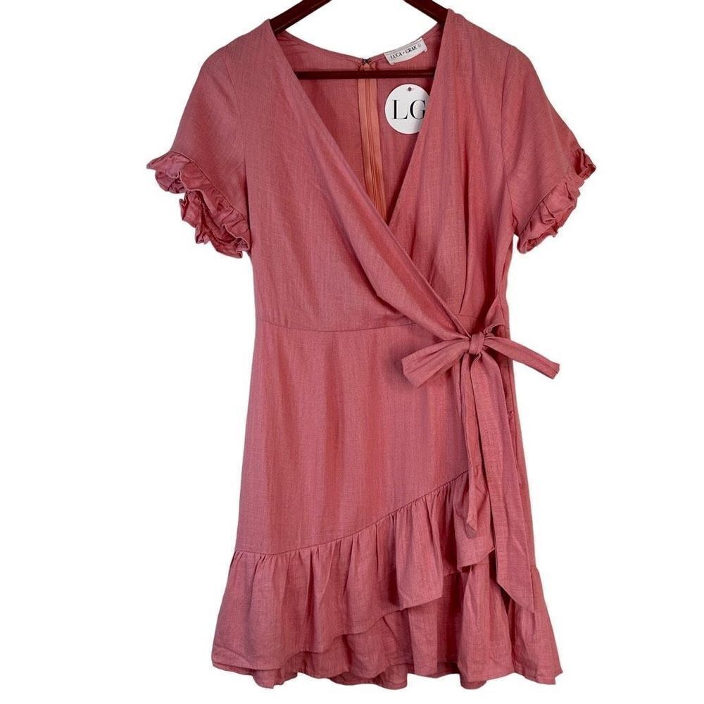 Luca + Grae by Hayden Pink Linen Blend Faux Wrap Mini Dress Ruffle Trim NWT